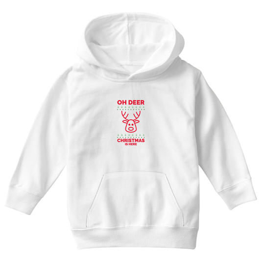 Oh Deer Christmas Is Here Kids Hoodie | White