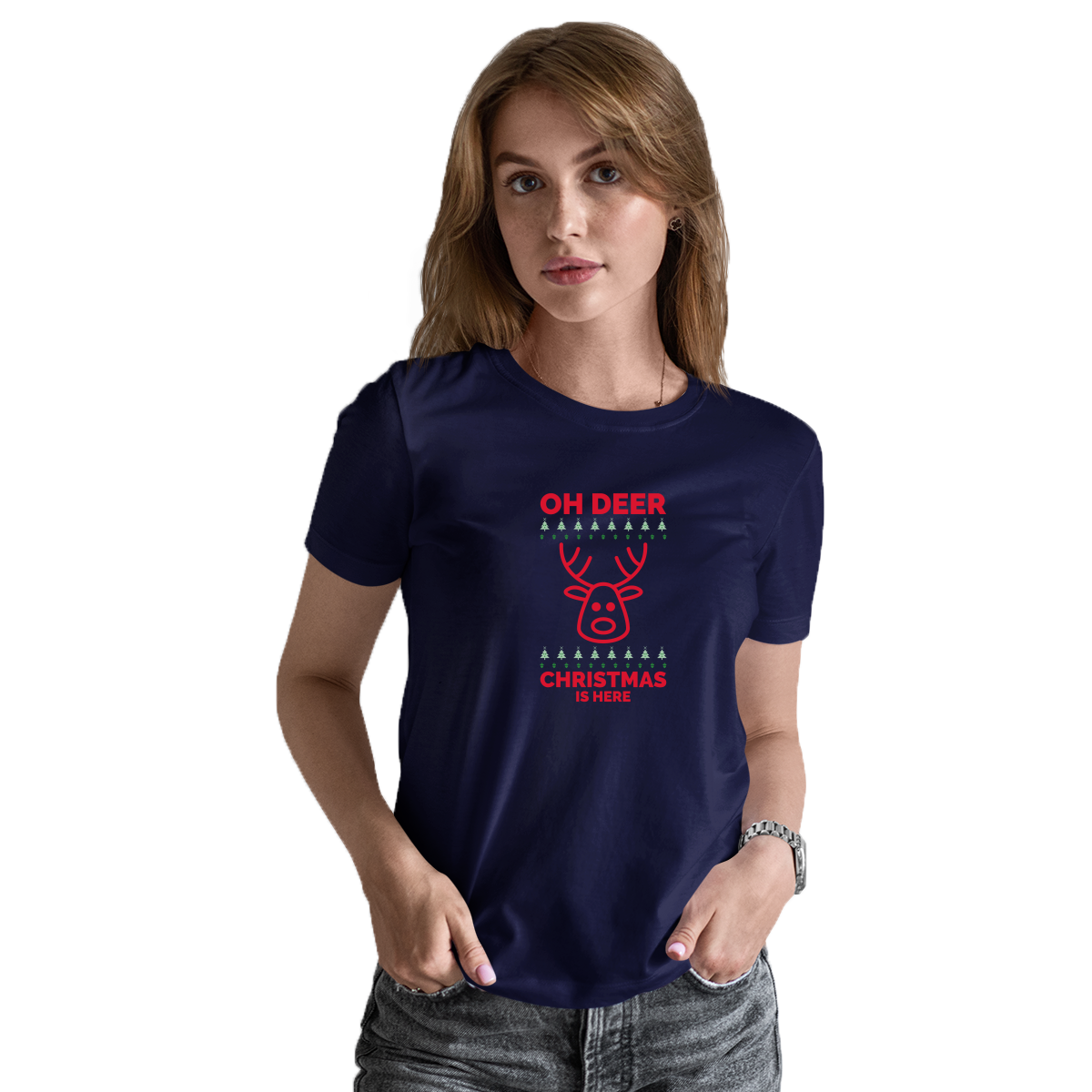 Oh Deer Christmas Is Here Women's T-shirt | Navy