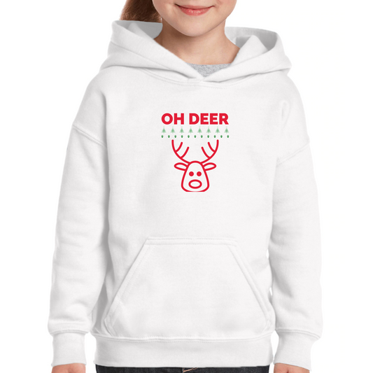 Oh Deer Christmas Is Here Kids Hoodie | White