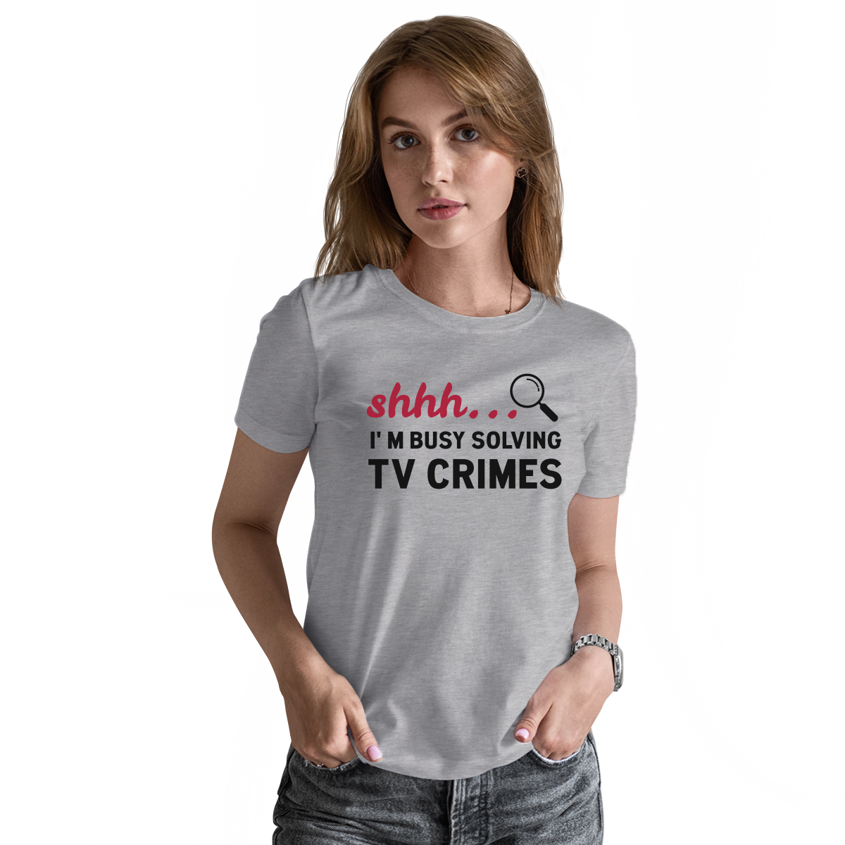 Shh I'm Busy Solving TV Crimes Women's T-shirt | Gray