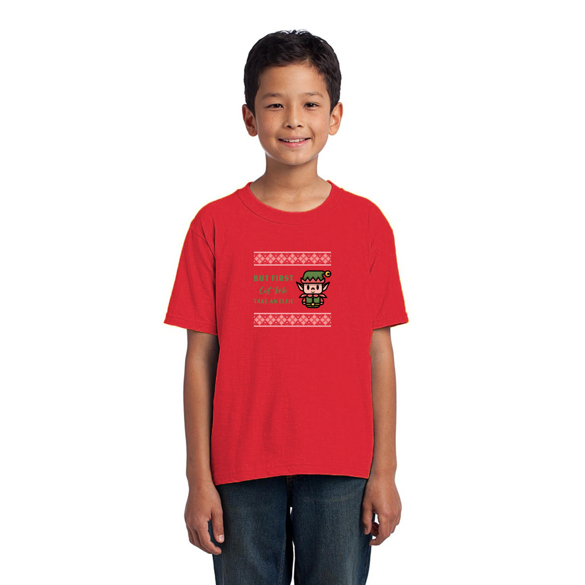 But First Let Me Take an Elfie Kids T-shirt | Red
