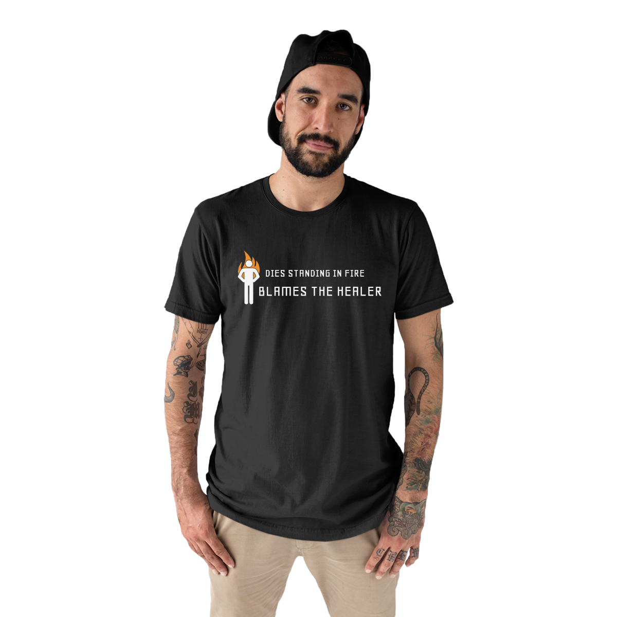 Dies Standing In Fire Blames The Healer Men's T-shirt | Black
