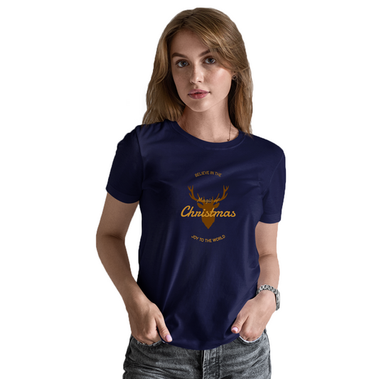 Believe in the Magic of Christmas Joy to the World Women's T-shirt | Navy