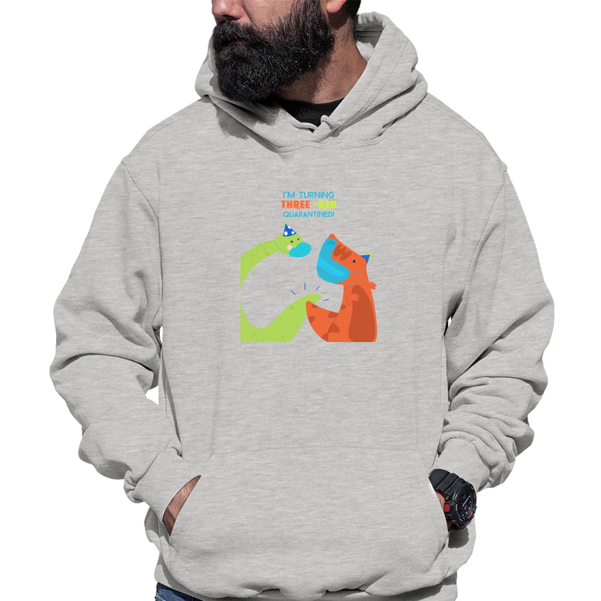 I'm turning three-rex quarantined Unisex Hoodie | Gray