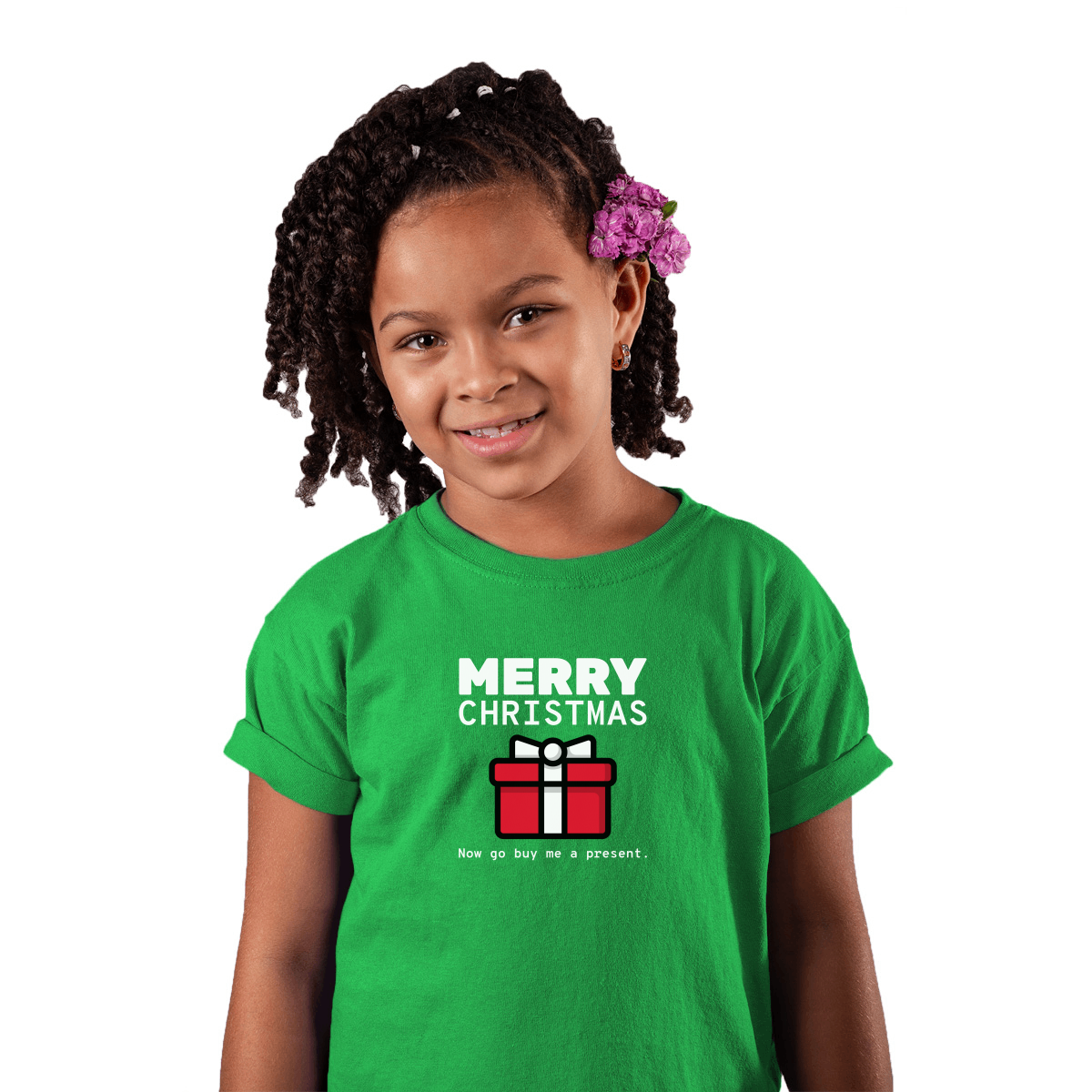 Merry Christmas Now Go Buy Me a Present Kids T-shirt | Green