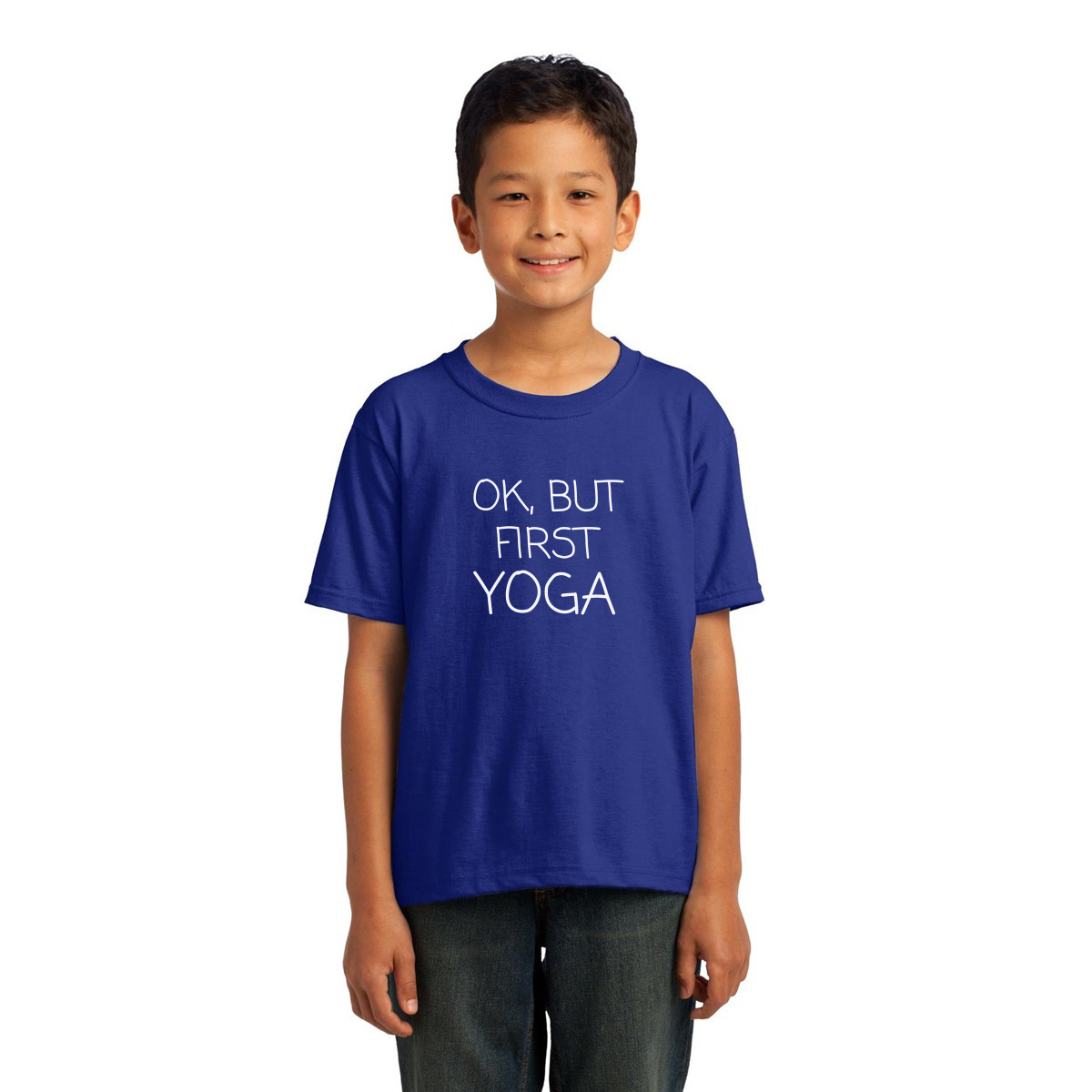 Ok But First Yoga Kids T-shirt | Blue
