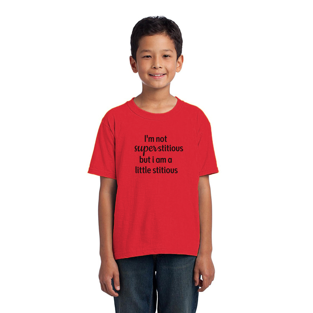 I'm Not Superstitious but I am a Little Stitious Kids T-shirt | Red