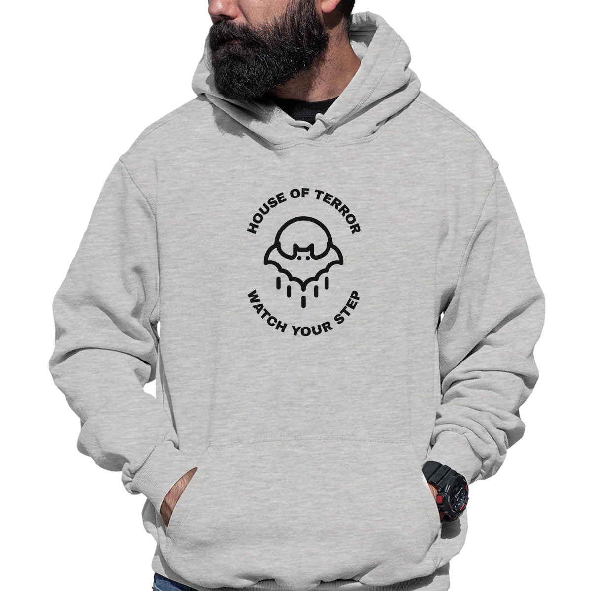 House of Terror Watch Your Step Unisex Hoodie | Gray