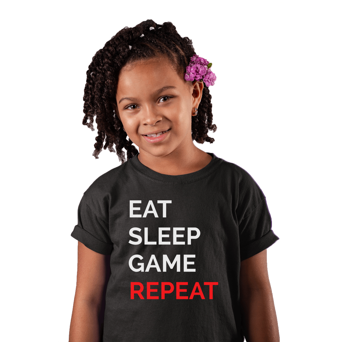 Eat Sleep Game Repeat Kids T-shirt | Black