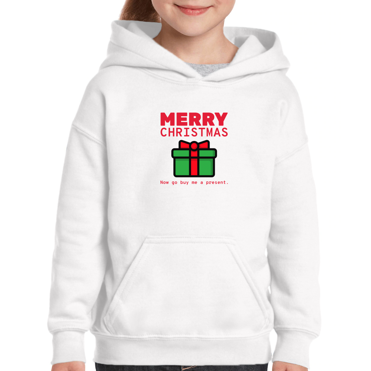 Merry Christmas Now Go Buy Me a Present Kids Hoodie | White