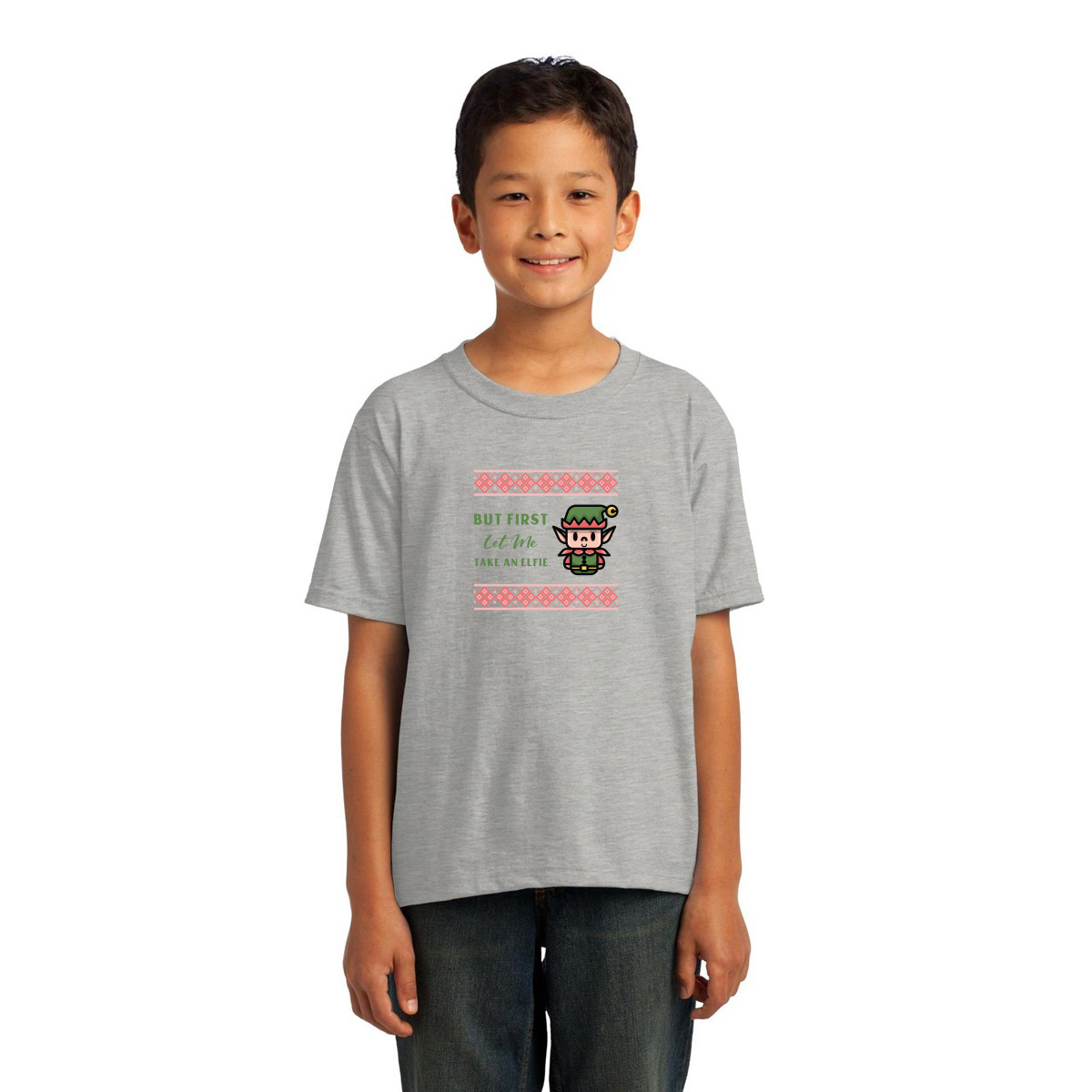 But First Let Me Take an Elfie Kids T-shirt | Gray