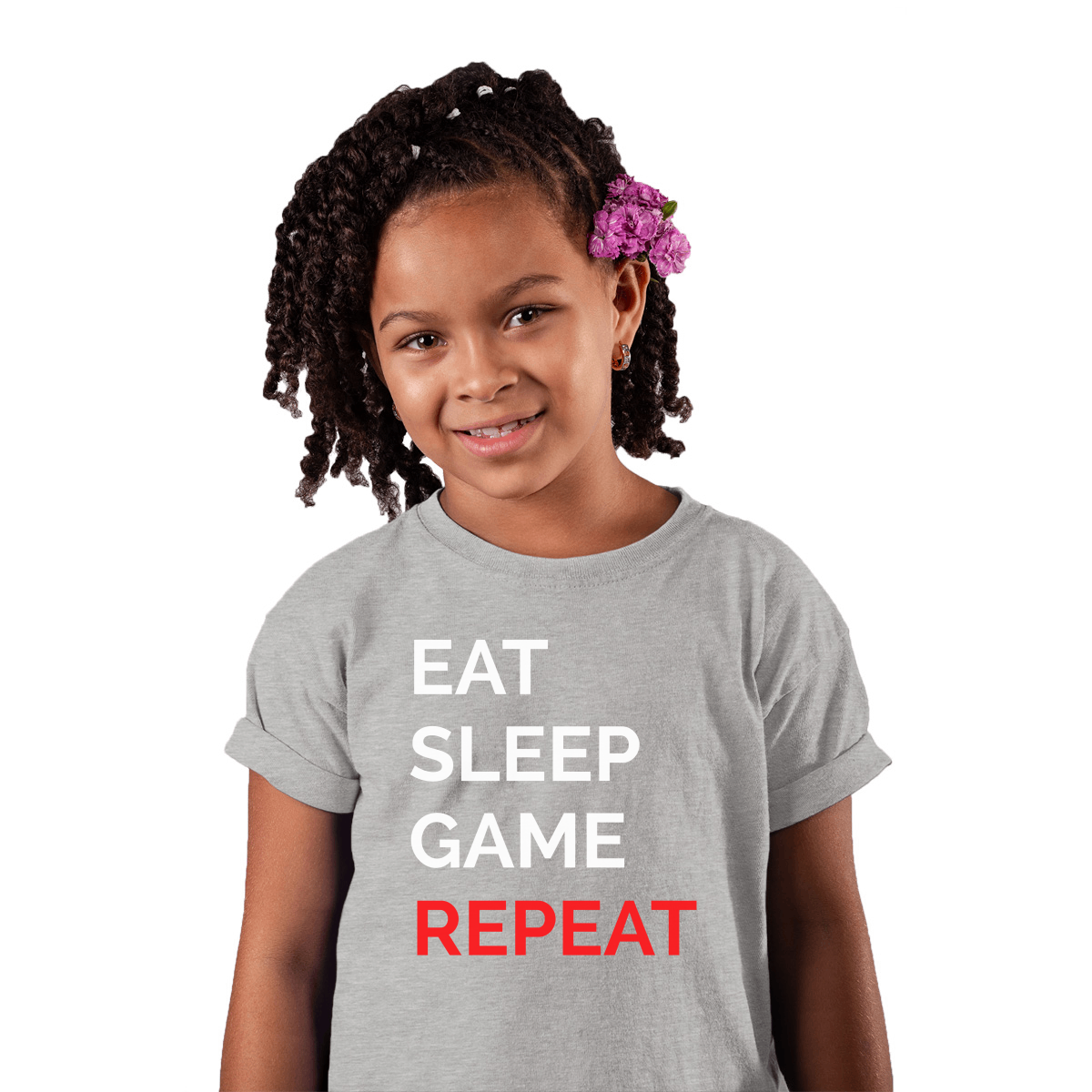 Eat Sleep Game Repeat Kids T-shirt | Gray