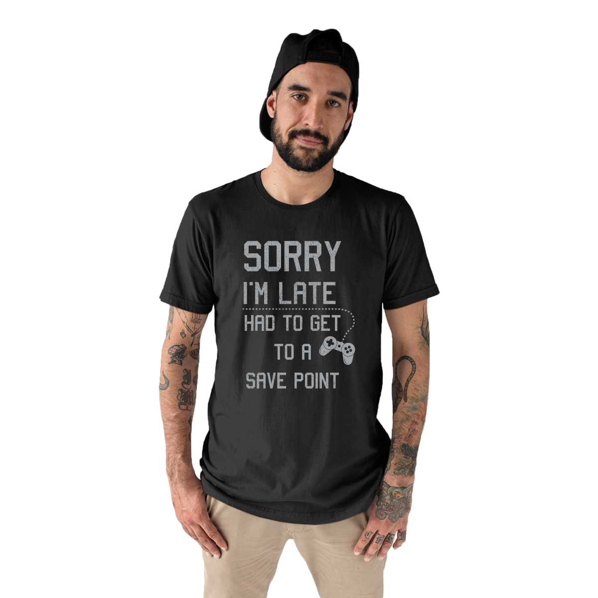 Sorry I'm Late Had To Get To A Save Point  Men's T-shirt | Black