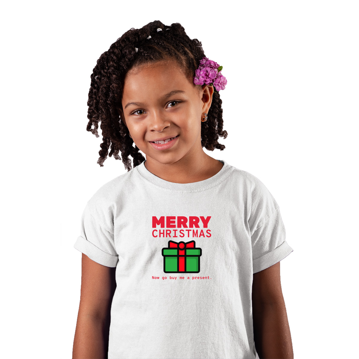 Merry Christmas Now Go Buy Me a Present Kids T-shirt | White
