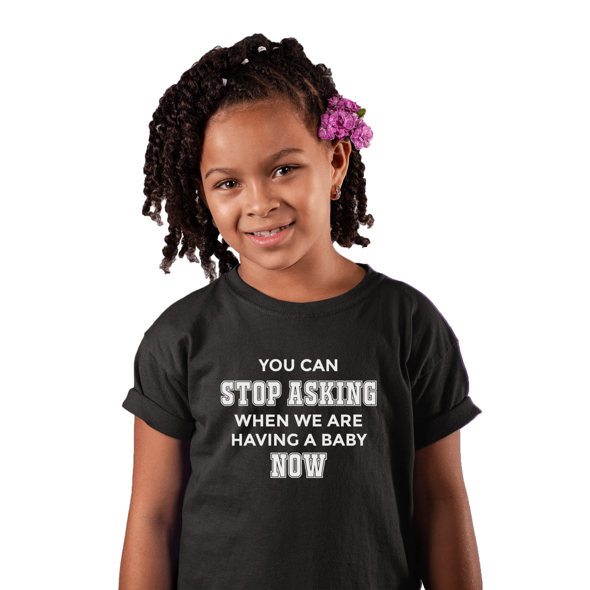 You can stop asking when we are having baby NOW Kids T-shirt | Black
