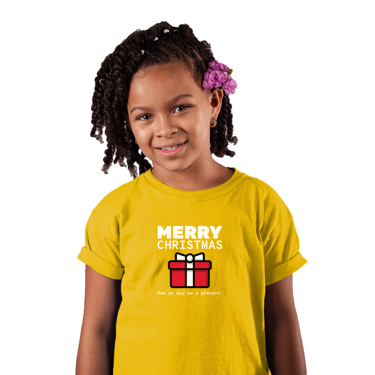 Merry Christmas Now Go Buy Me a Present Kids T-shirt | Yellow