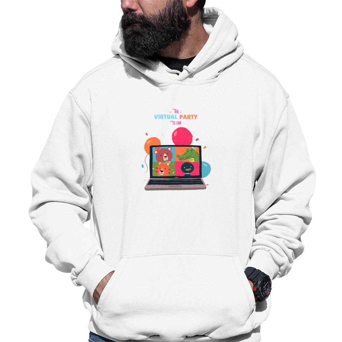 The Virtual Party is on Unisex Hoodie | White