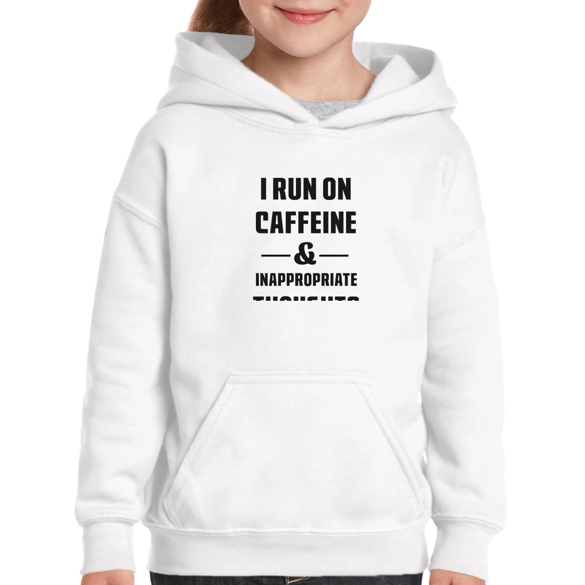 I Run On Caffeine and Inappropriate Thoughts Kids Hoodie | White