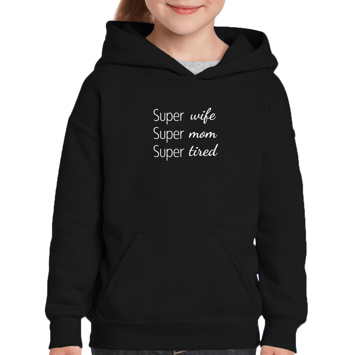 Super Mom Super Wife Super Tired Kids Hoodie | Black