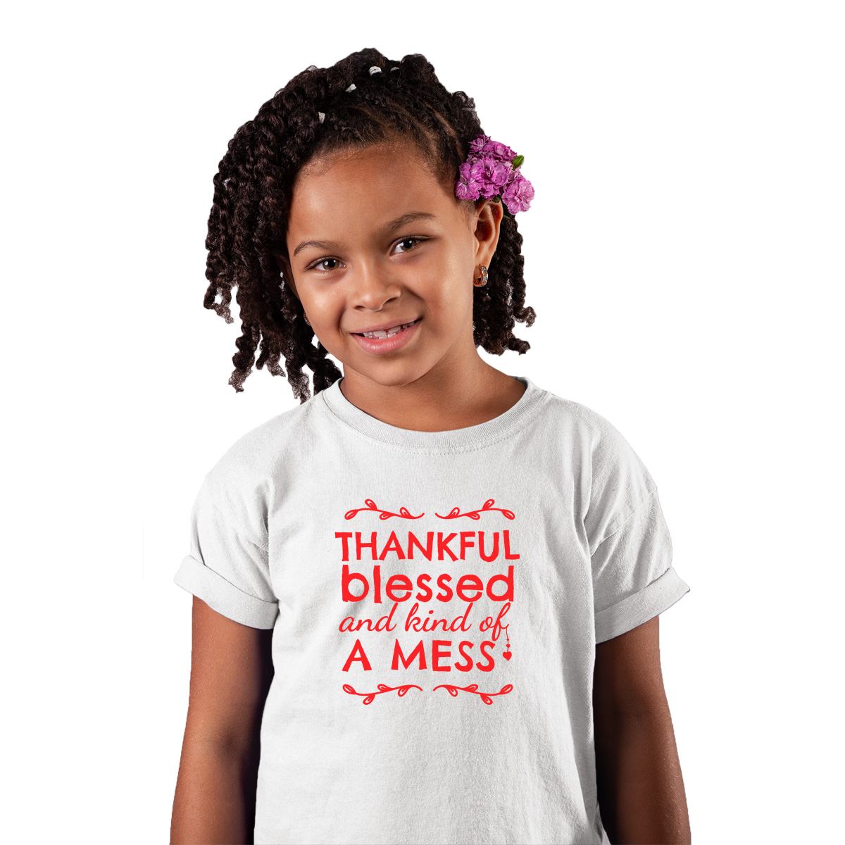 Thankful, Blessed and Kind of a Mess Kids T-shirt | White