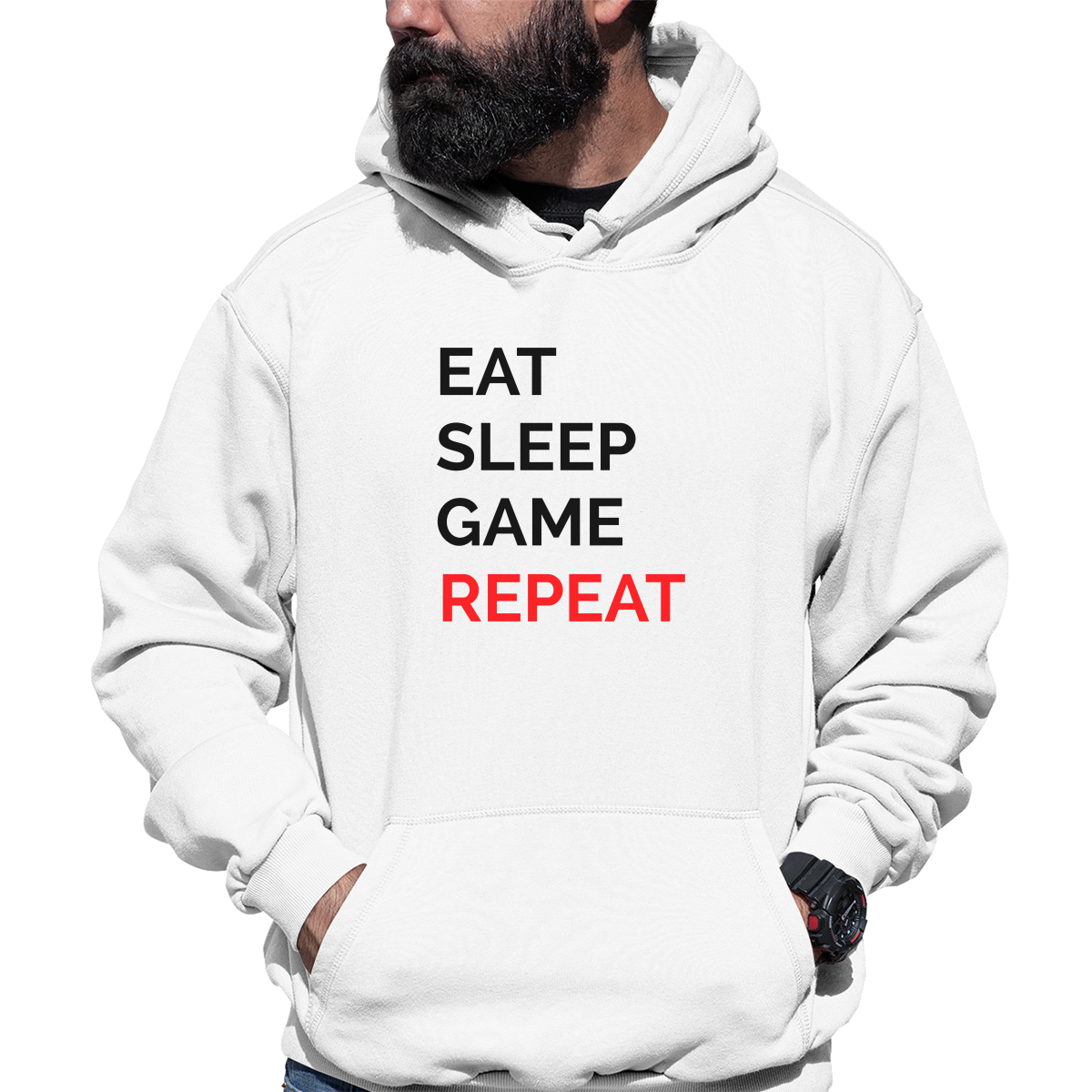 Eat Sleep Game Repeat Unisex Hoodie | White