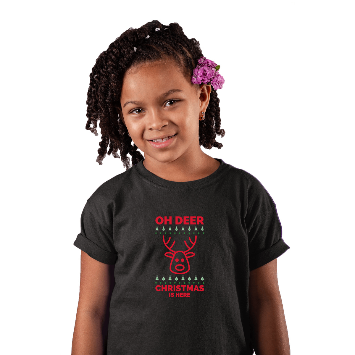Oh Deer Christmas Is Here Kids T-shirt | Black