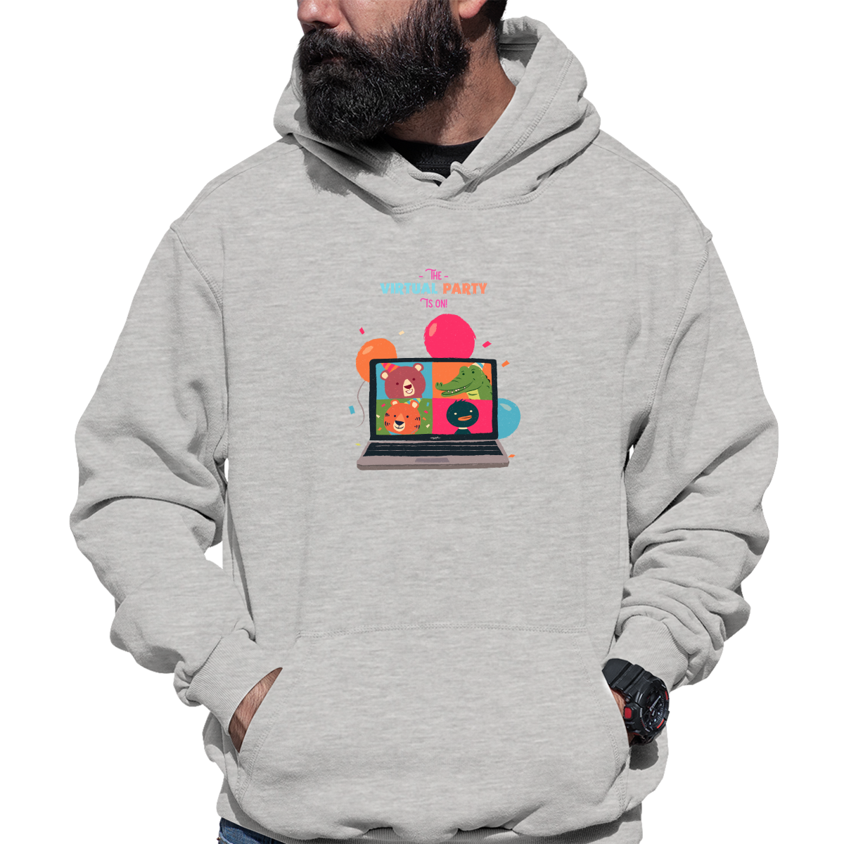 The Virtual Party is on Unisex Hoodie | Gray